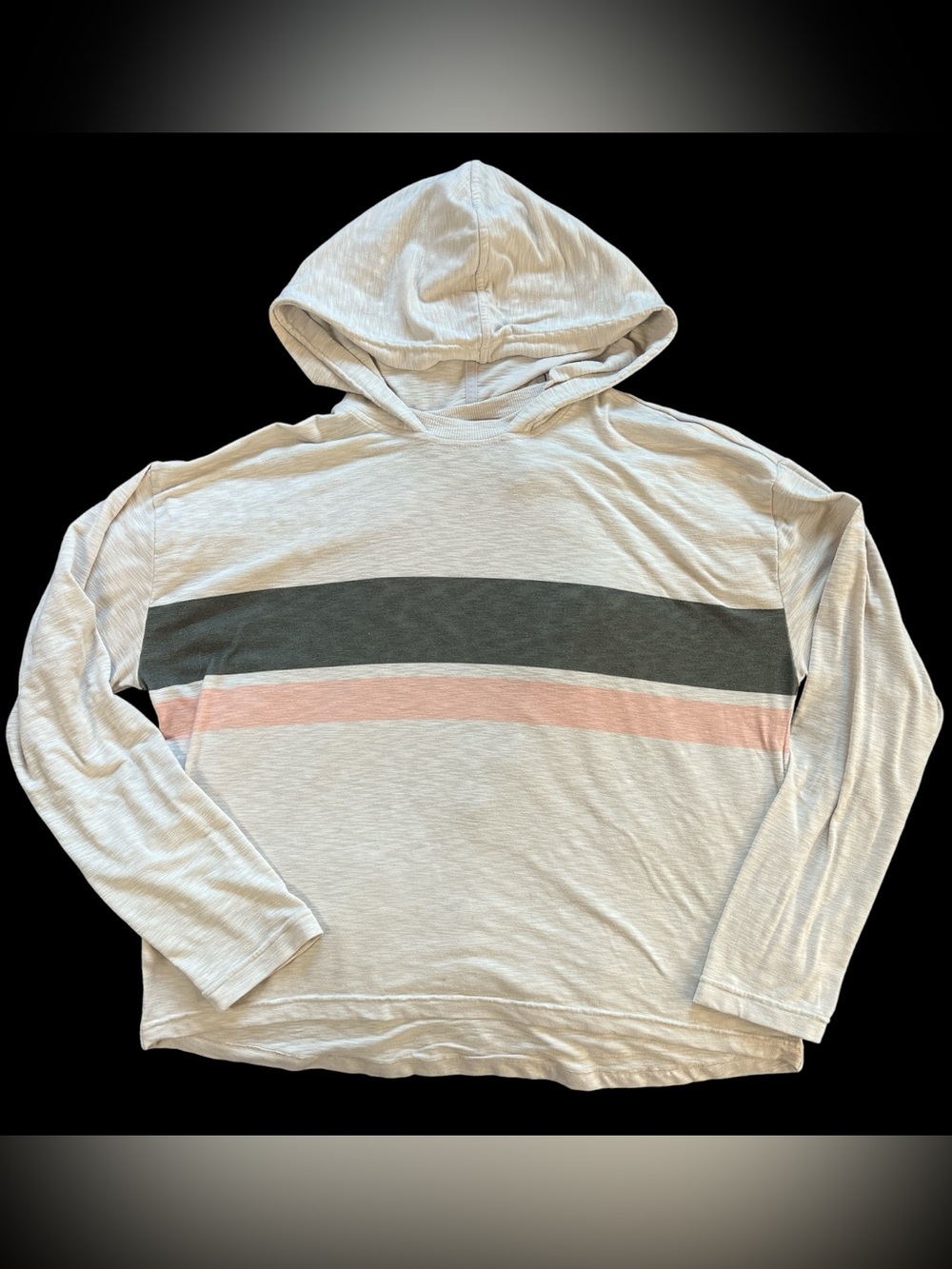 Title Nine Women's Light Gray Hooded Pullover with Charcoal & Pink Stripes